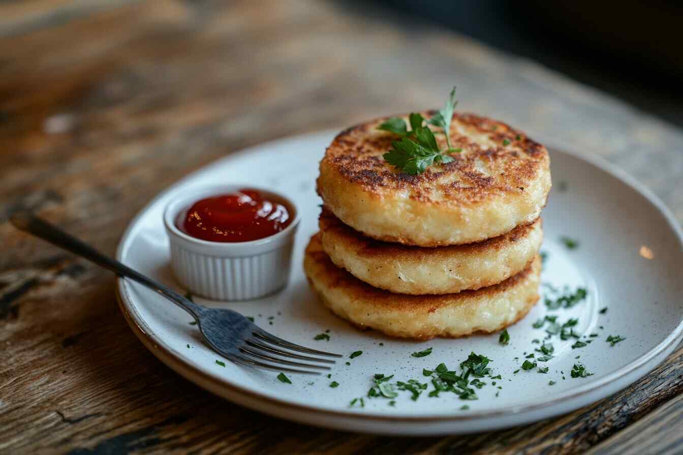 A plate of crispy hash brown patties with parsley garnish, served with ketchup on a wooden table