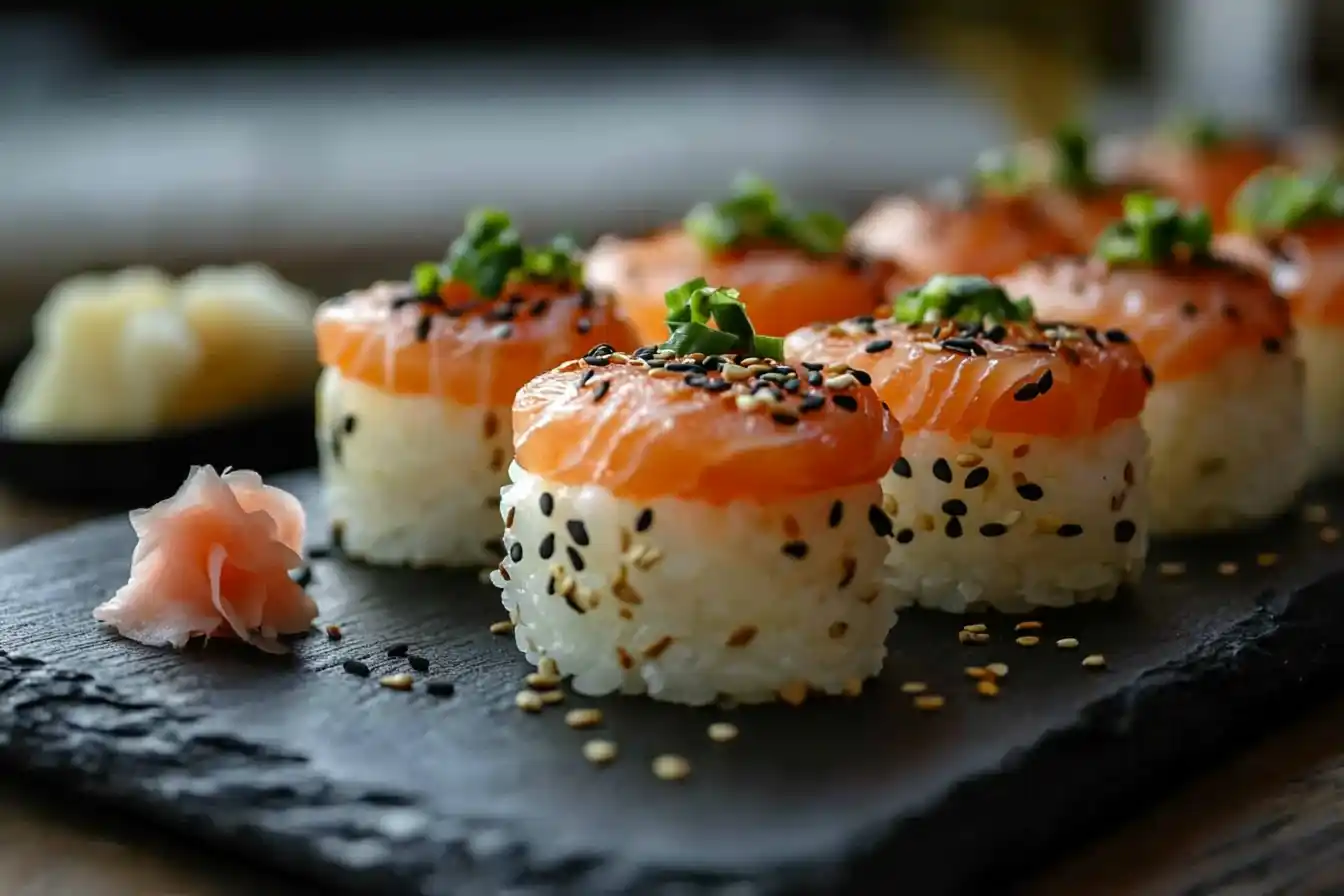 Alaska roll sushi with fresh salmon, sesame seeds, and green onions on a slate board with soy sauce, wasabi, and ginger