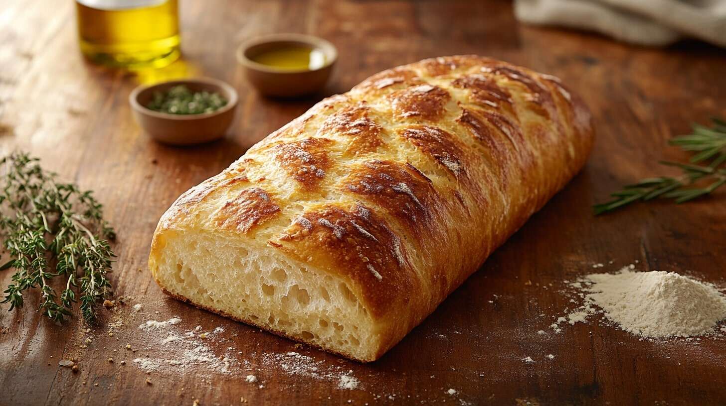 A golden loaf of artisan Italian bread on a rustic table with olive oil and herbs