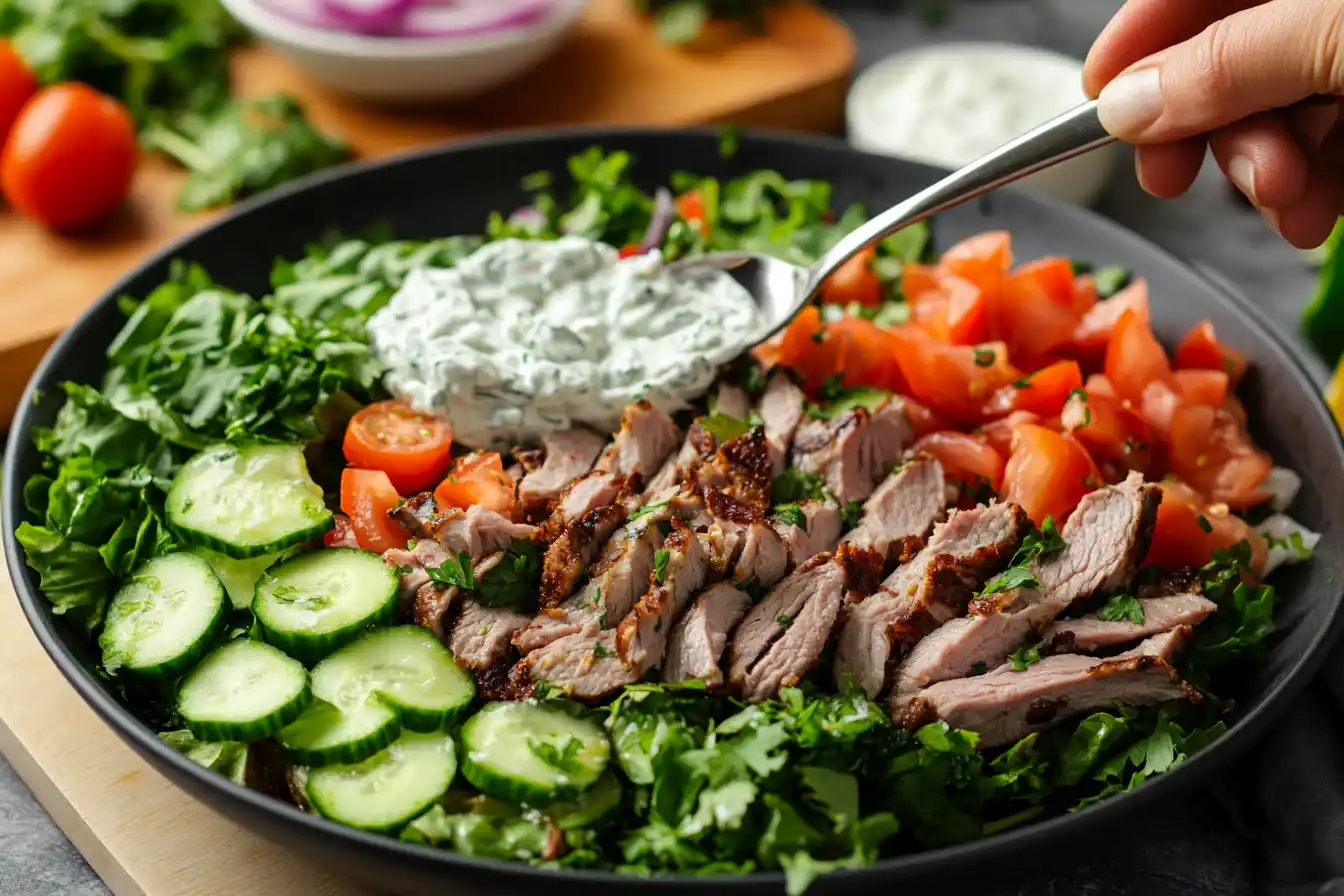 Gyro salad being assembled with greens, vegetables, lamb, and tzatziki