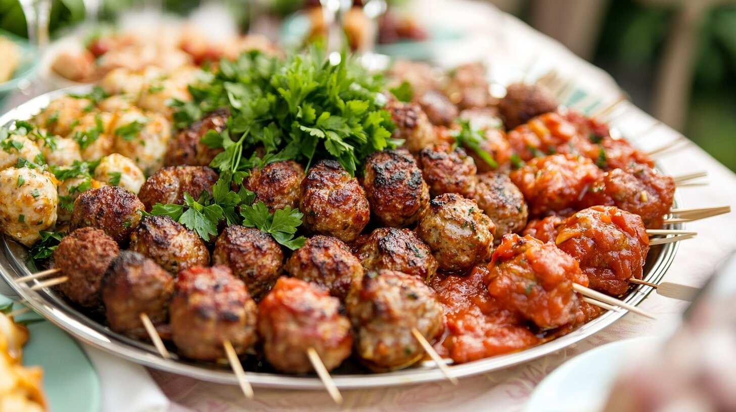 A platter of meatballs with marinara and barbecue glaze, garnished with parsley, on a pastel tablecloth