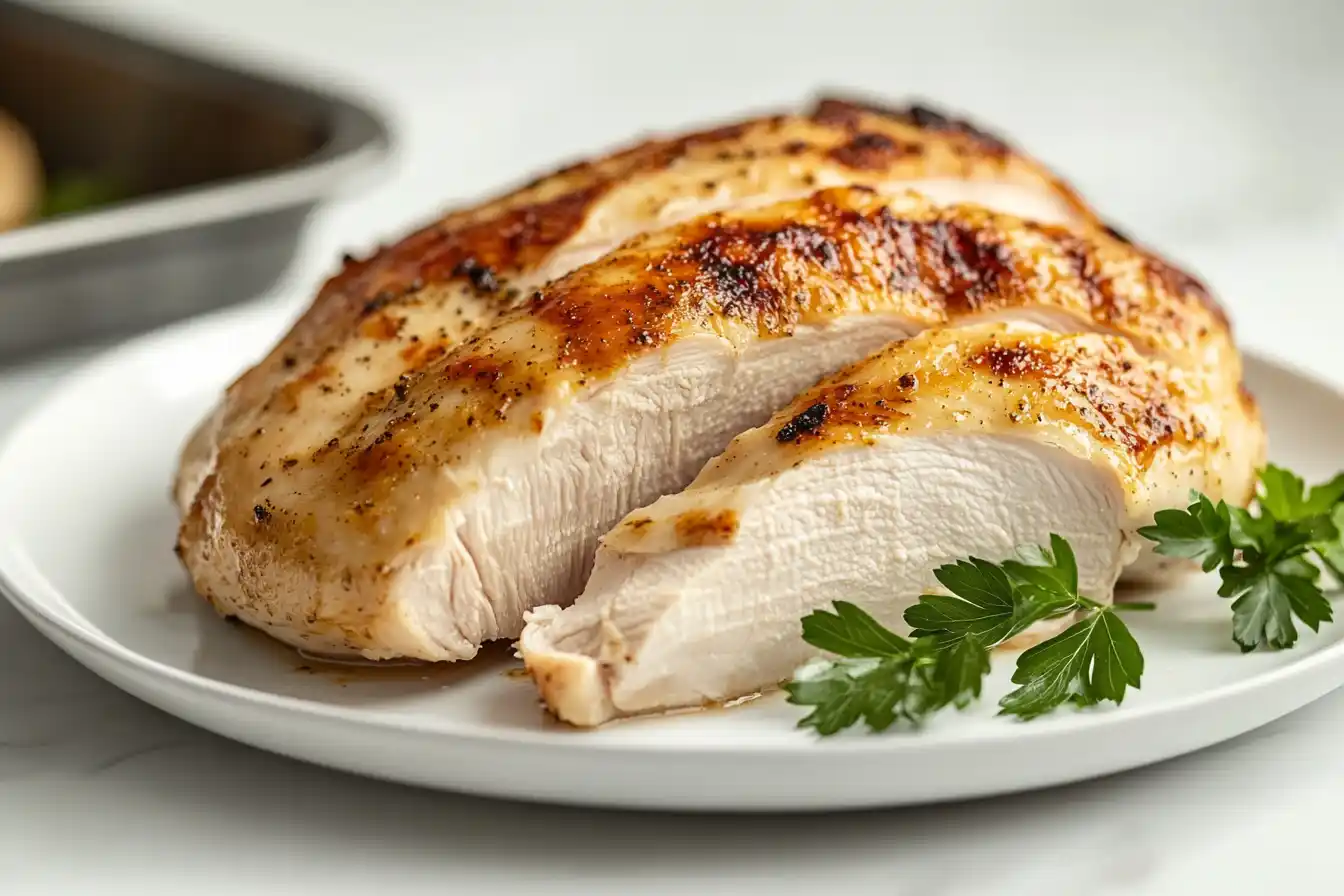 A sliced frozen chicken breast baked at 400°F, showing a golden exterior and juicy interior