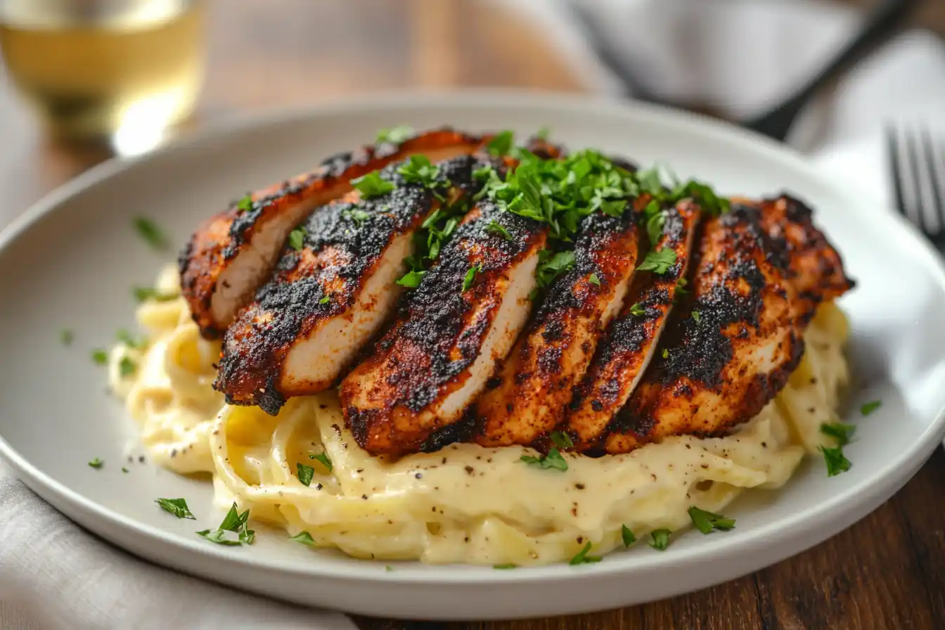 Blackened Chicken Alfredo with creamy fettuccine, charred chicken, and parsley on a white ceramic plate