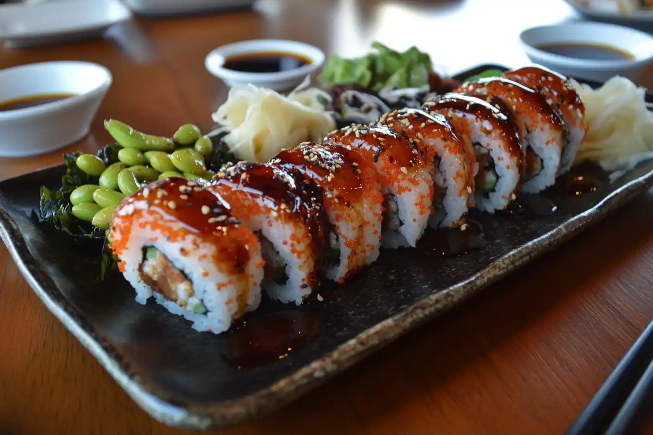 Sushi rolls topped with teriyaki glaze and sesame seeds, served with edamame and pickled ginger