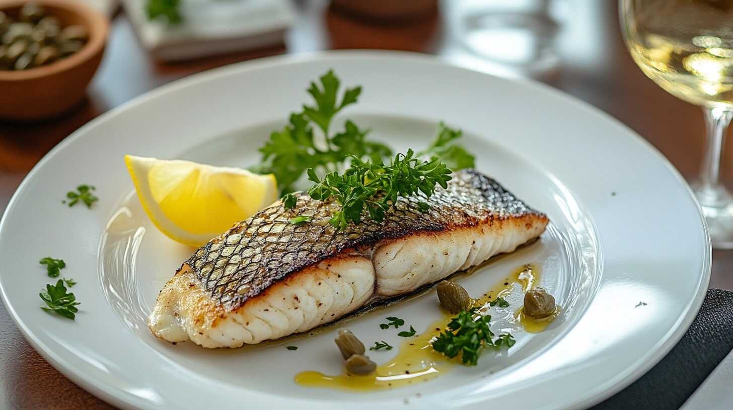 A pan-seared Branzino fillet on a white plate with parsley, lemon, and olive oil garnish