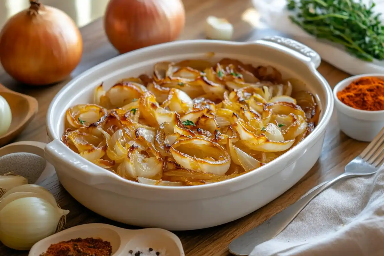 Air Fryer Onions in a white dish of caramelized onions with fresh onion slices and seasonings on a wooden counter