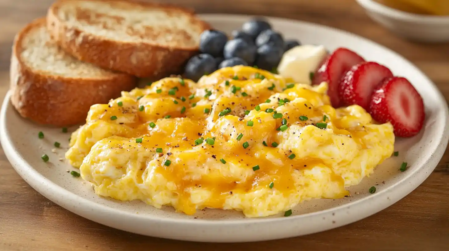 A plate of cheesy scrambled eggs with chives, sourdough toast, and fresh fruit on a wooden table with natural lighting.