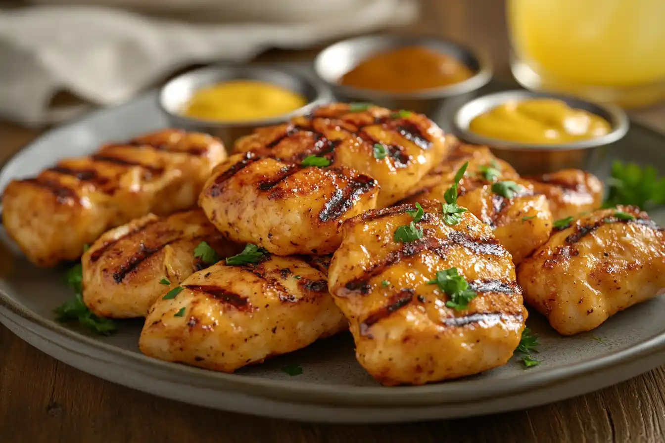 Grilled chicken nuggets with visible char marks, garnished with parsley and served with dipping sauces on a wooden table