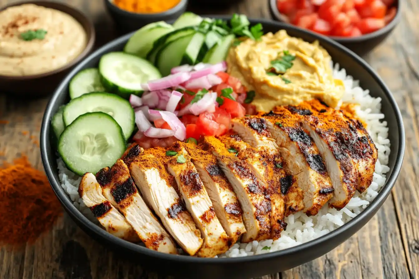 A chicken shawarma bowl with grilled chicken, rice, cucumbers, tomatoes, onions, and garlic sauce, surrounded by small bowls of hummus and spices