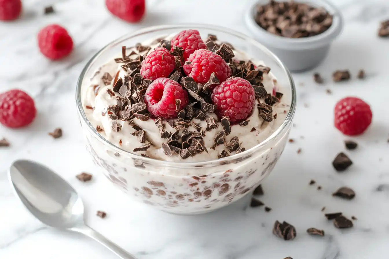 A bowl of creamy chocolate protein pudding topped with raspberries and chocolate shavings on a marble countertop