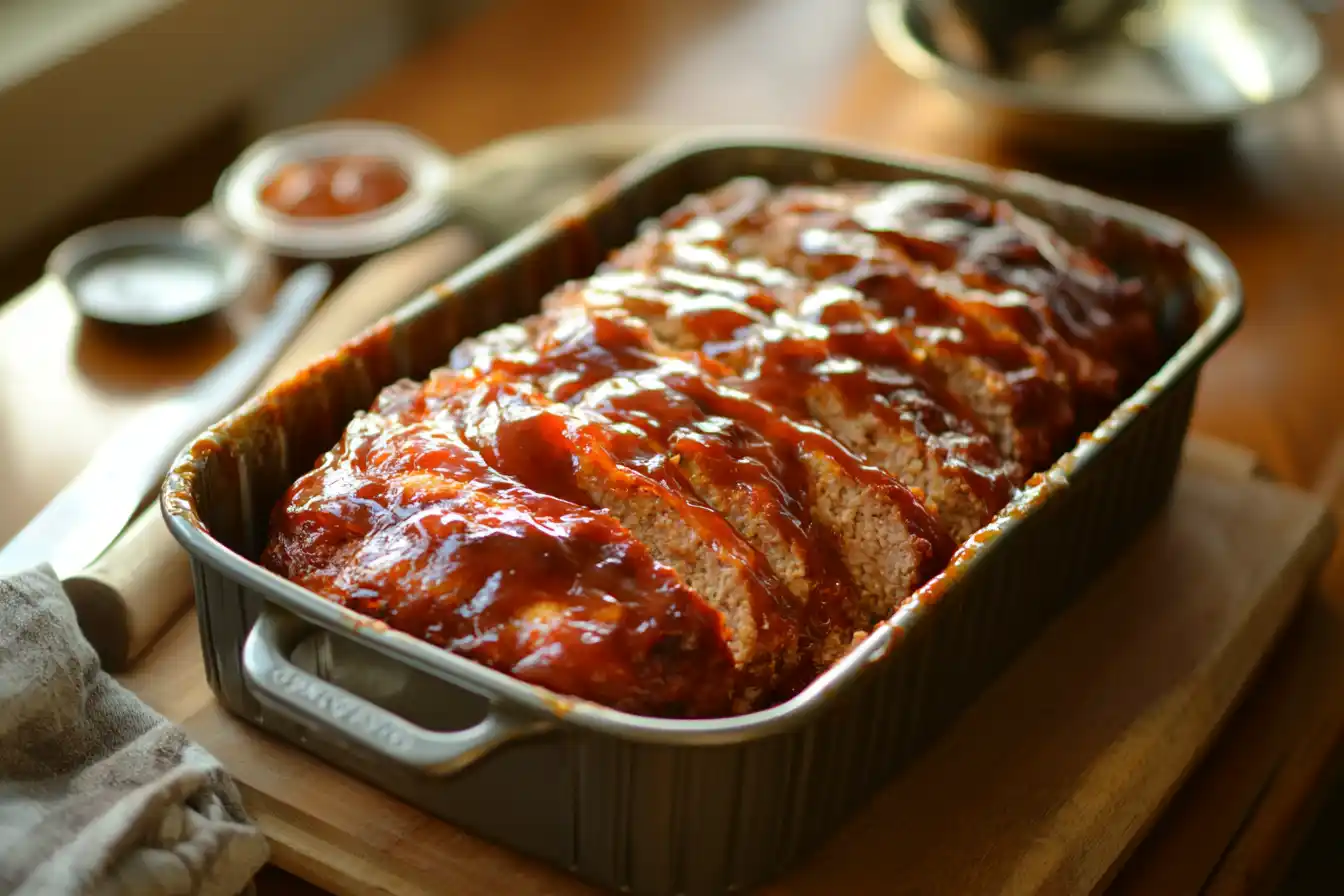 A baked meatloaf in a pan with a caramelized ketchup glaze and sliced to show the tender interior