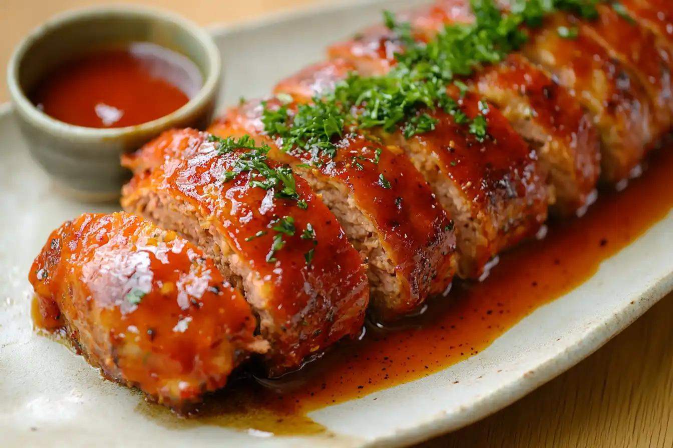 Sliced meatloaf with a tangy tomato sauce and parsley garnish on a white platter