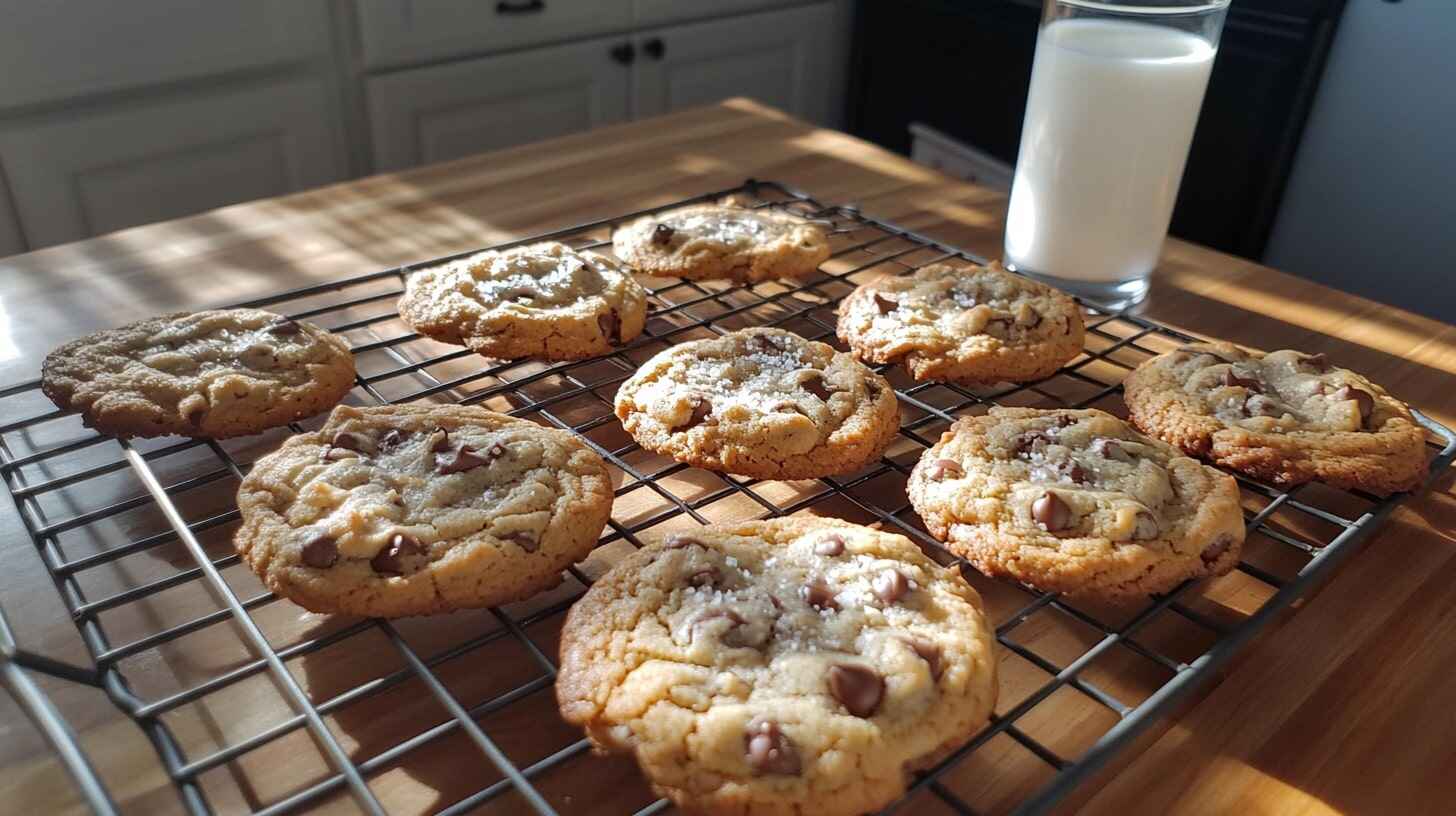 A batch of golden cookies on a cooling rack with a glass of milk nearby