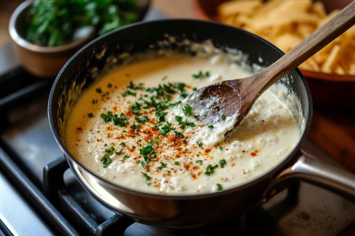 Cottage cheese queso simmering in a saucepan with a wooden spoon stirring the mixture