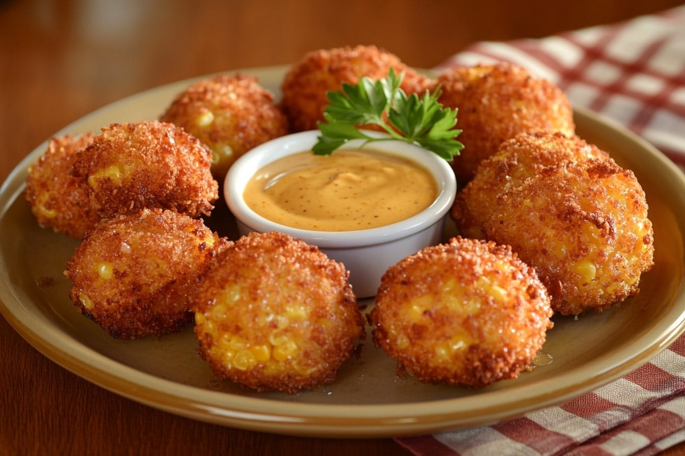 A plate of golden corn nuggets with a bowl of honey mustard dipping sauce on a wooden table