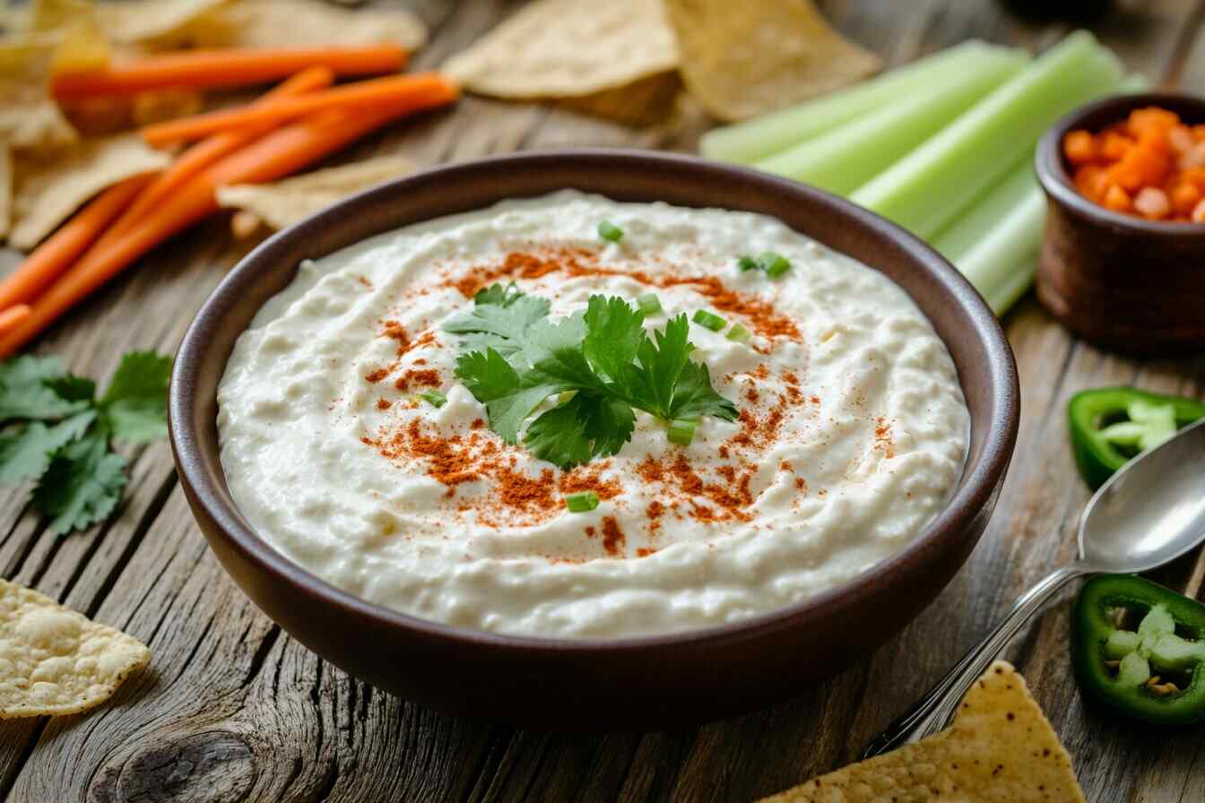 A bowl of creamy cottage cheese queso with paprika and cilantro, surrounded by tortilla chips, carrot sticks, and celery