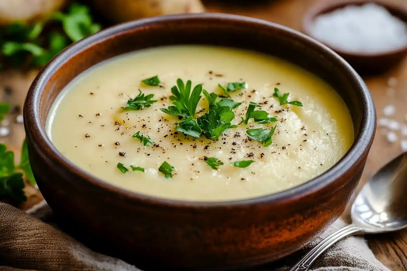 A bowl of creamy potato soup with visible potato chunks, garnished with parsley and pepper, served on a wooden table with a spoon