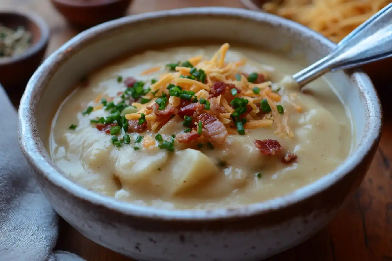 A creamy potato soup topped with cheese, bacon, and chives, served in a white bowl with a silver spoon on a wooden table