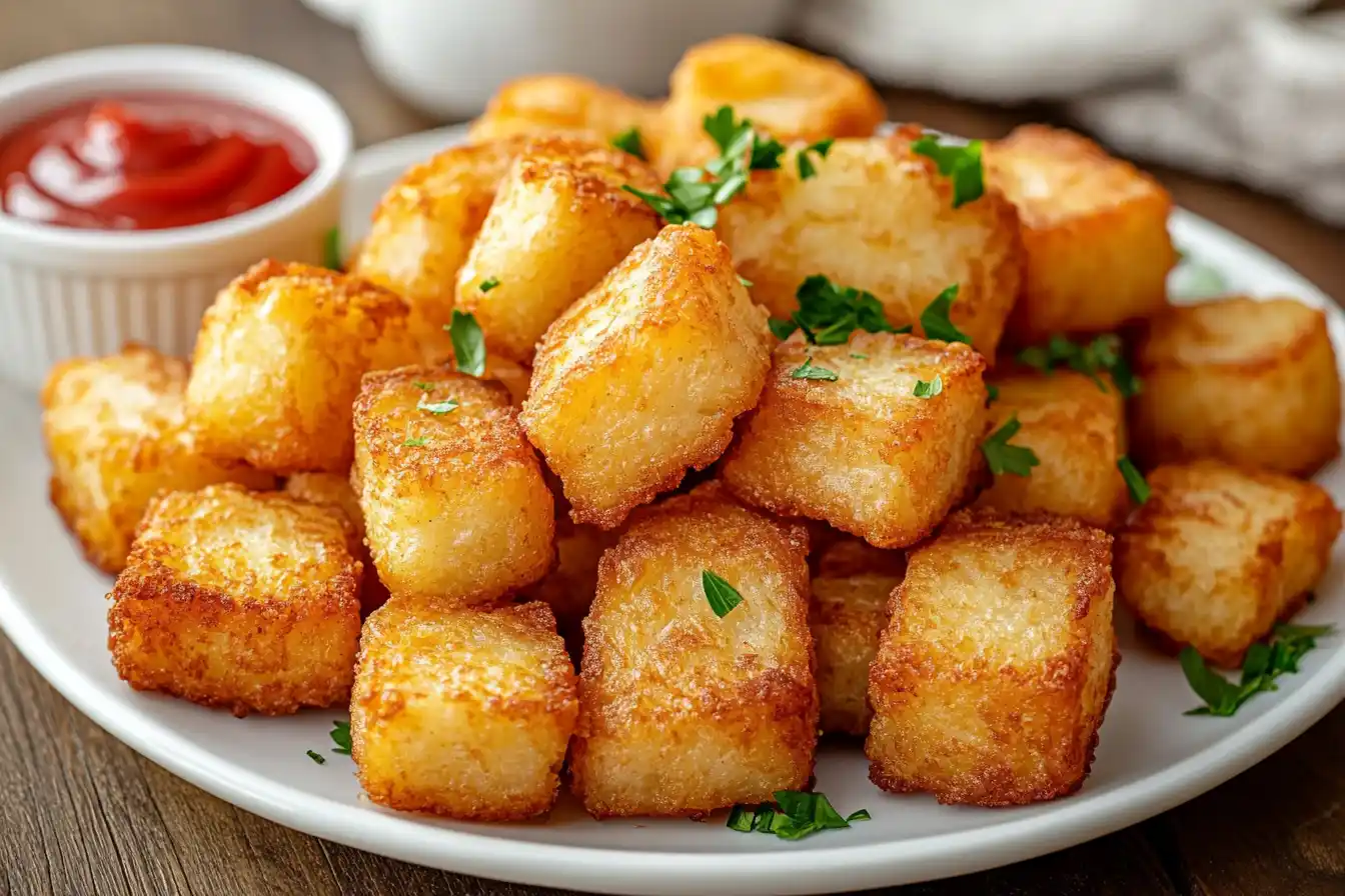 Golden, crispy hash browns on a plate with a bowl of ketchup and coffee on a breakfast table