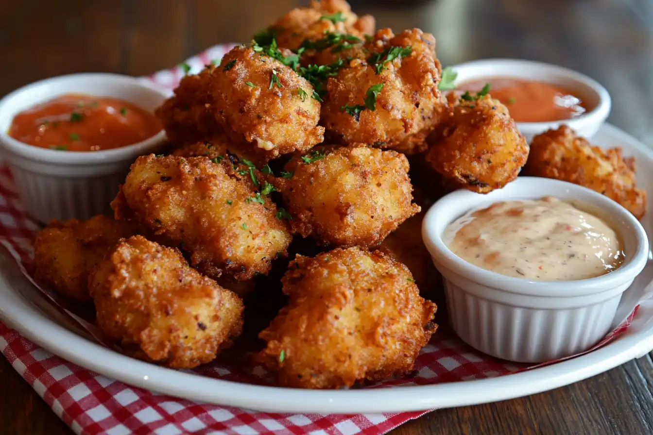 A plate of fried alligator bites with dipping sauces on a rustic wooden table