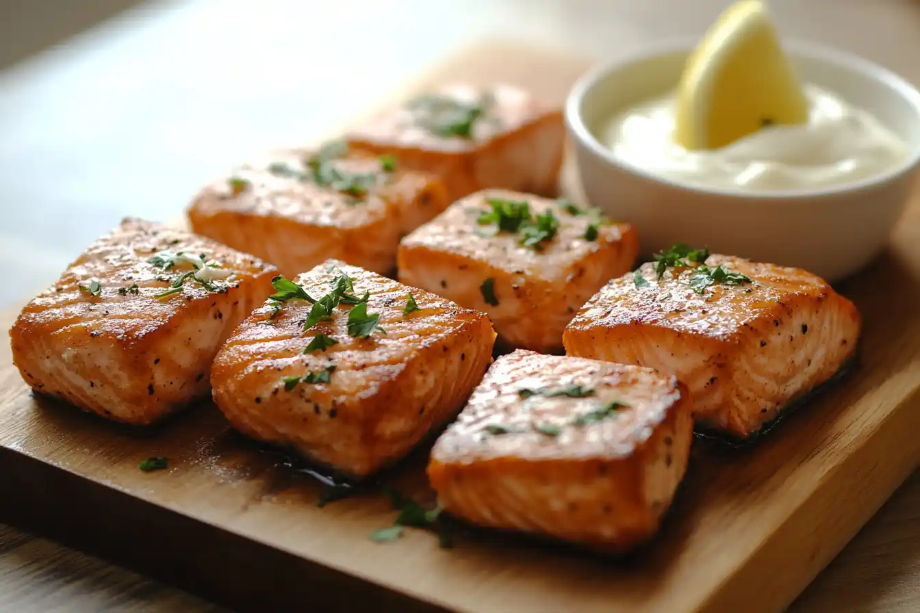 Golden crispy salmon bites on a plate with a bowl of garlic aioli and a lemon wedge