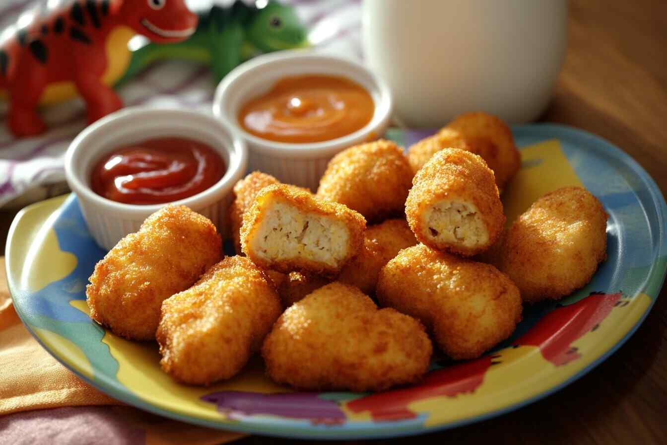 Plate of crispy dino nuggets with ketchup and honey mustard, served on a colorful plate with a toy dinosaur in the background