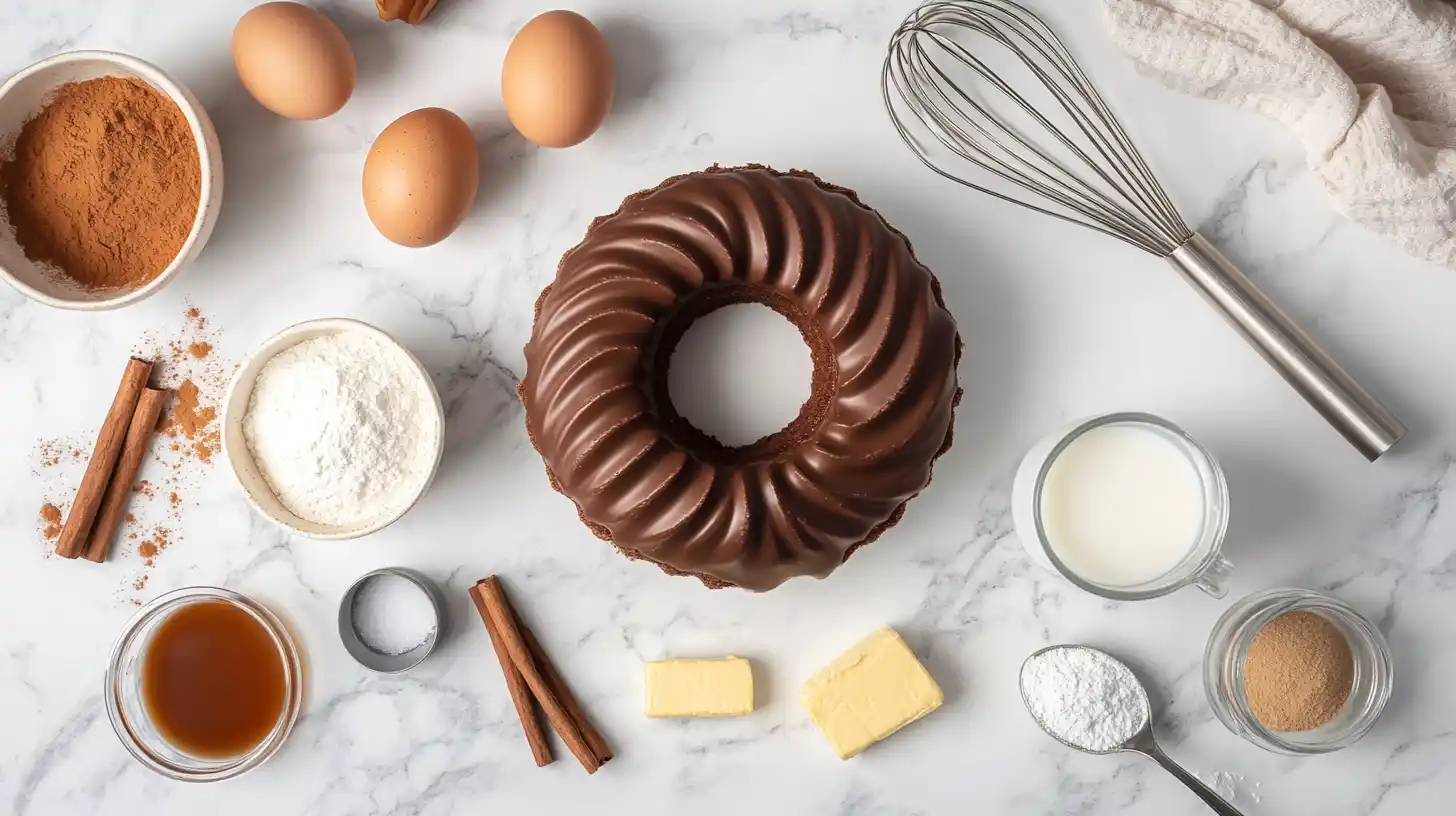 donut-cake-ingredients Ingredients for a donut cake displayed on a marble countertop, including flour, sugar, eggs, butter, milk, cinnamon, and vanilla extract.