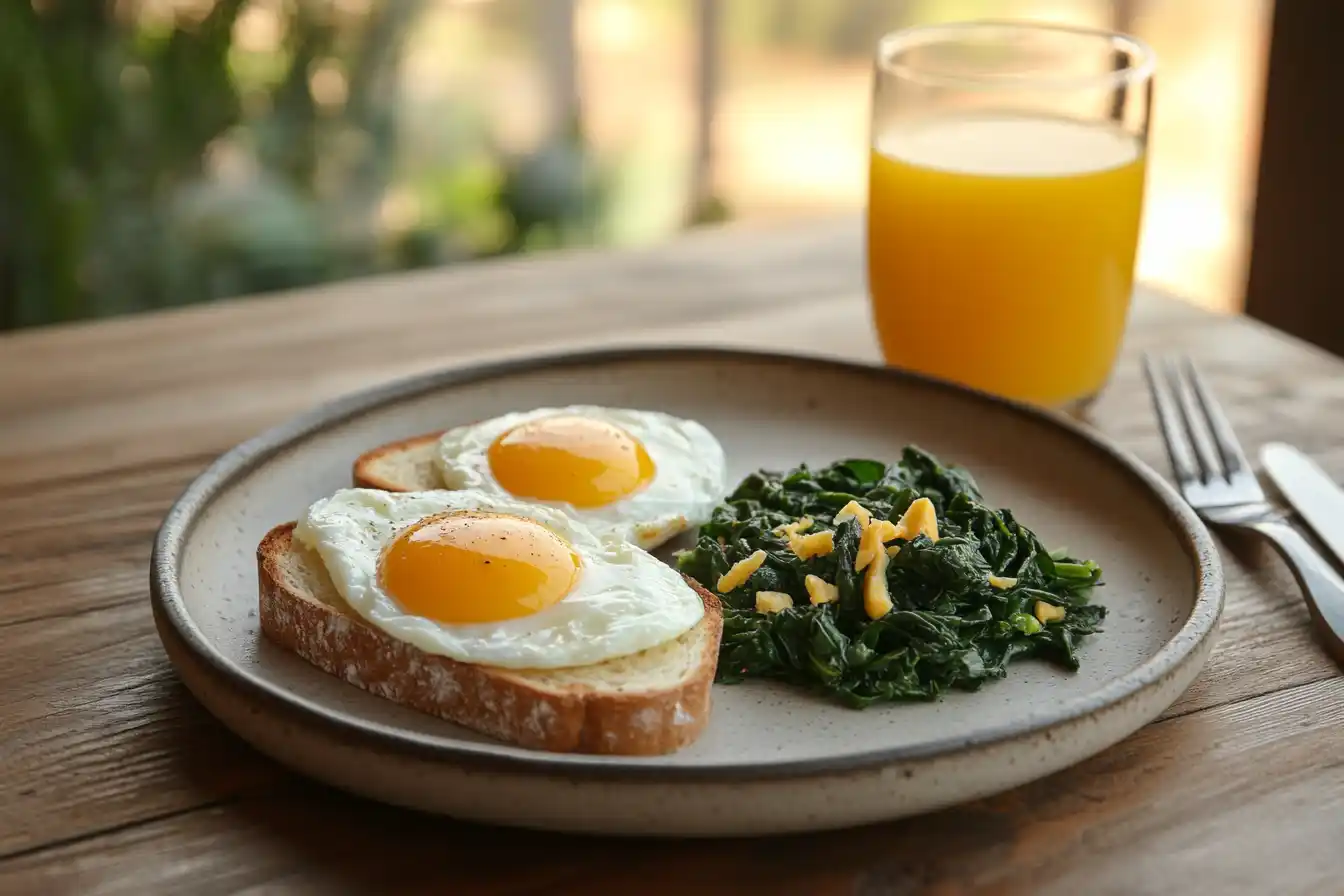 Two eggs over hard with toast and spinach on a plate, accompanied by orange juice