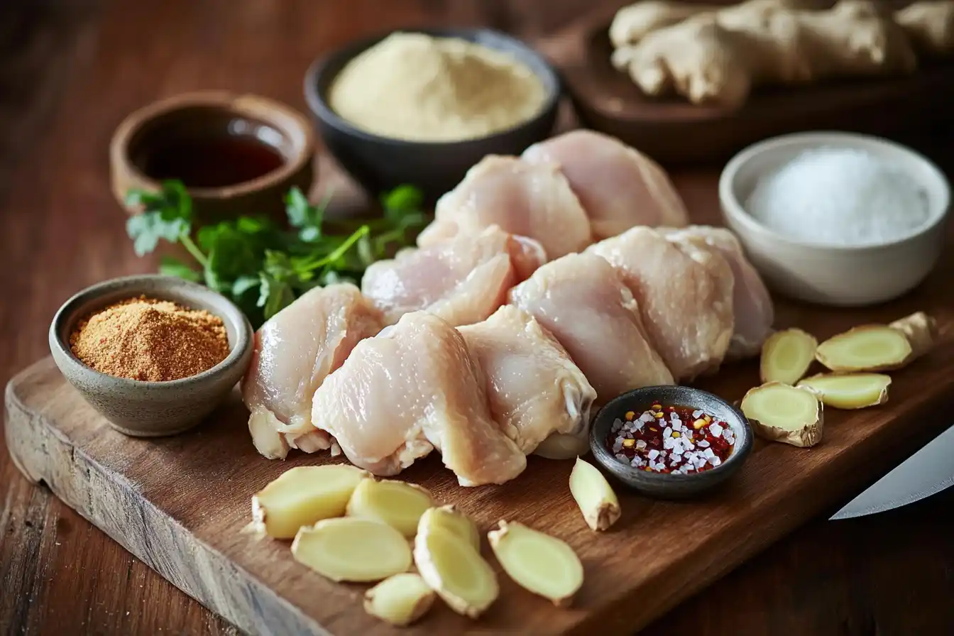 Ingredients for Empress Chicken including chicken thighs, garlic, ginger, soy sauce, hoisin, rice vinegar, and seasonings on a cutting board