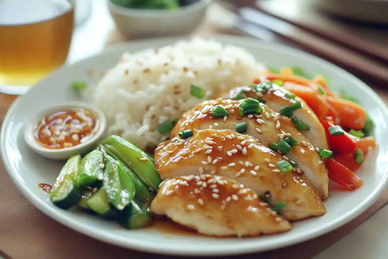 Empress Chicken with tangy sauce on a plate, paired with stir-fried vegetables and jasmine rice, garnished with sesame seeds