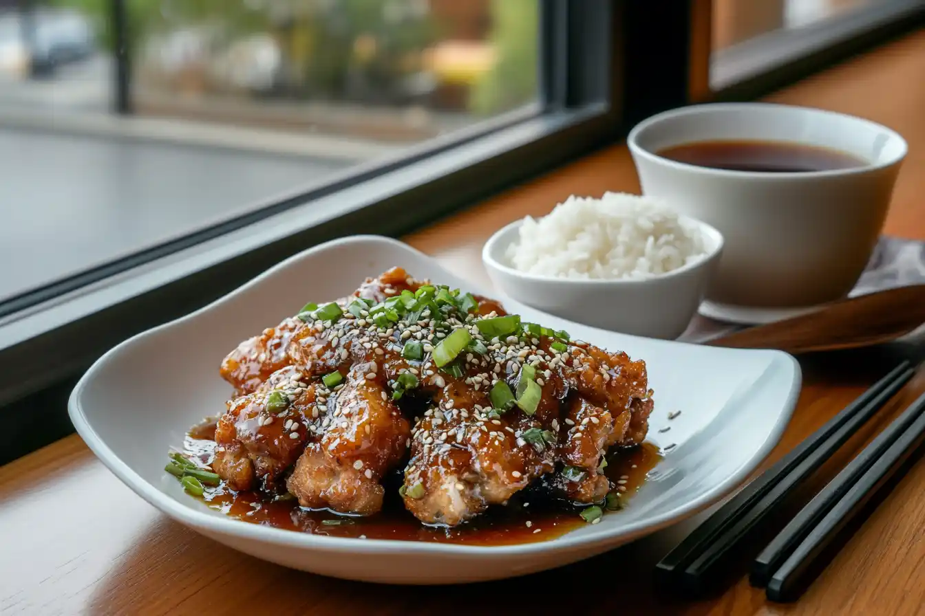 Empress Chicken with a glossy tangy sauce, sesame seeds, and green onions, served with jasmine rice on a white plate