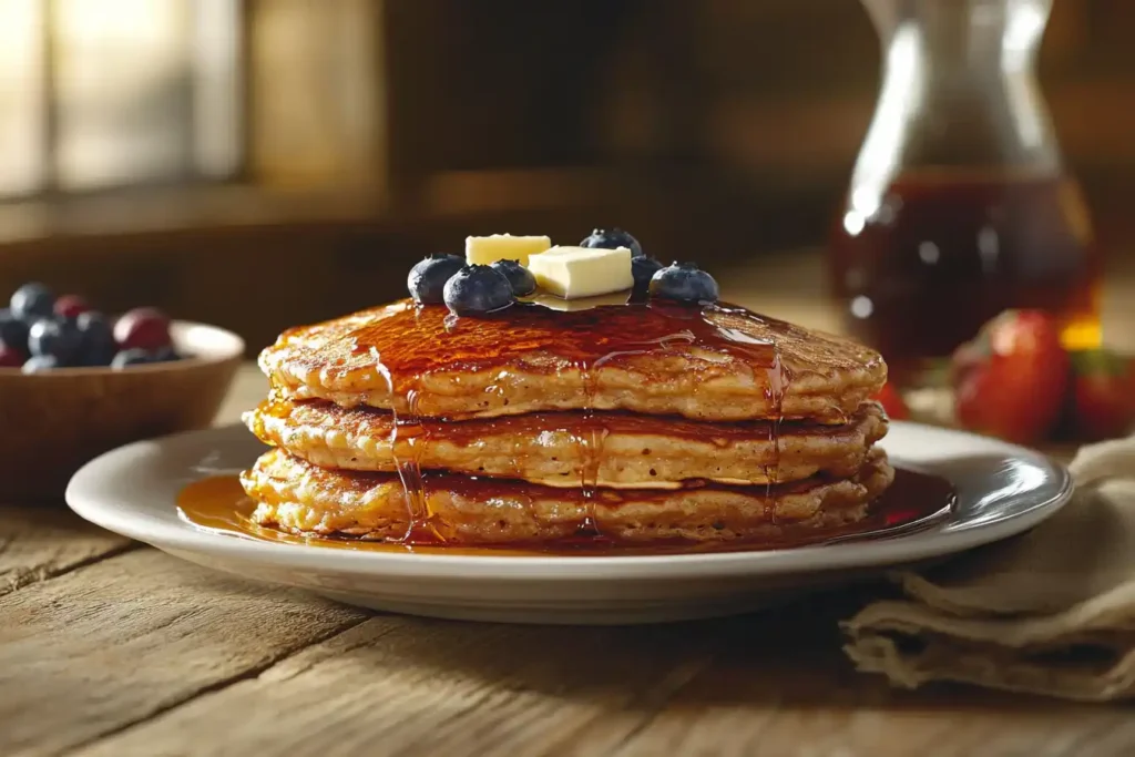 A stack of golden muffin mix pancakes with butter and syrup, topped with fresh blueberries