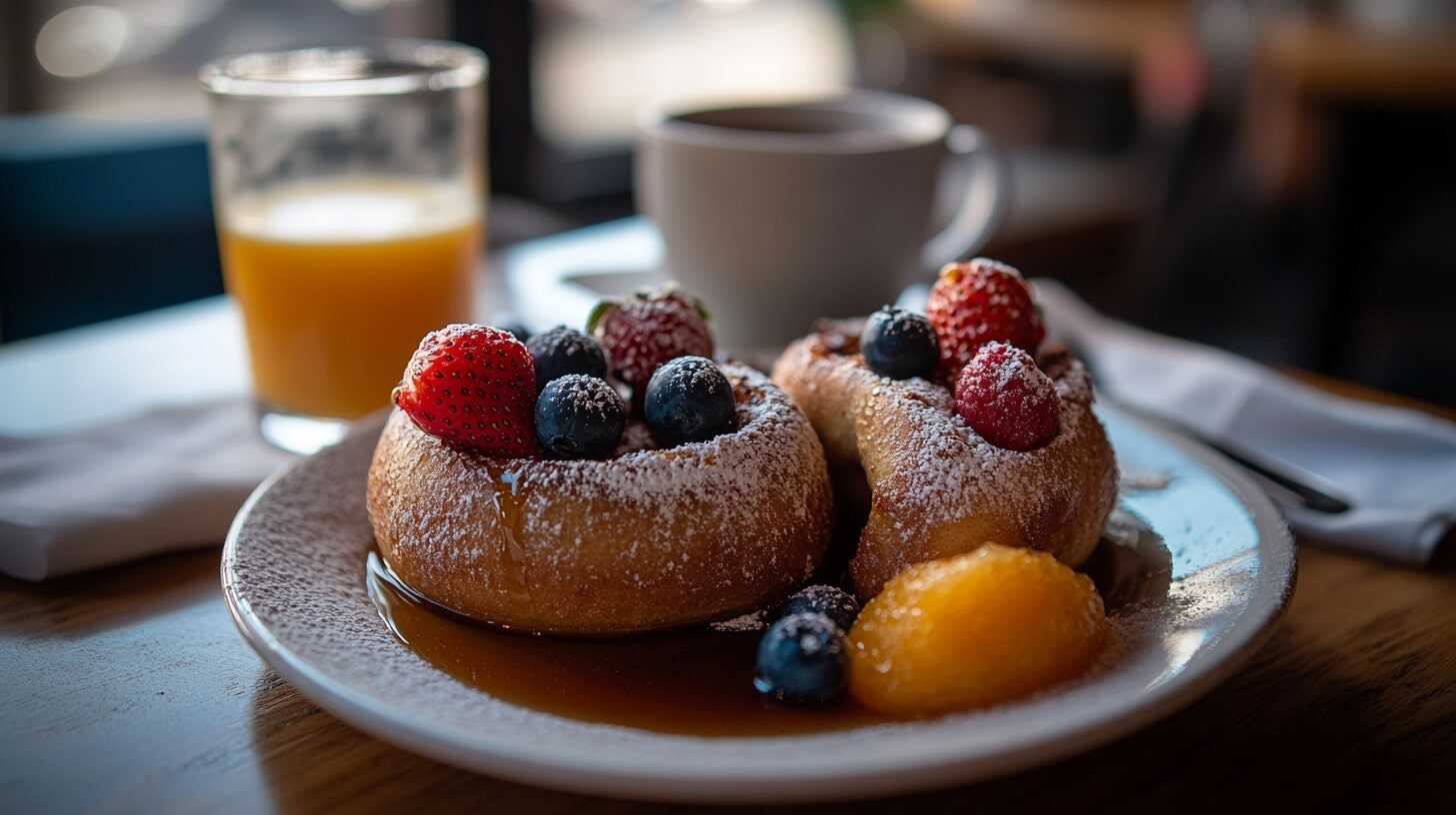 French toast bagels topped with berries and powdered sugar, served on a white plate with coffee and juice.