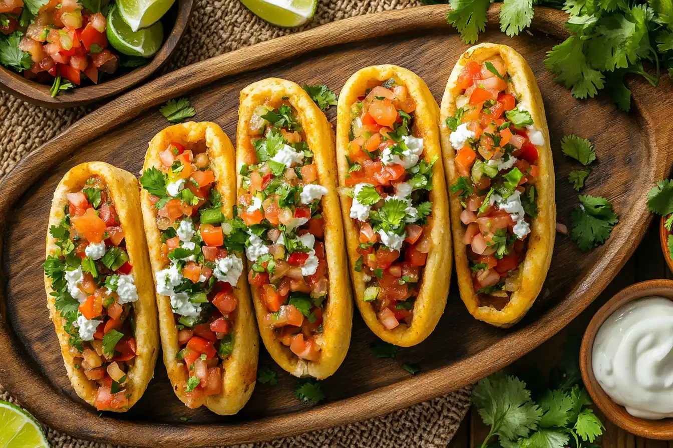 A top-down view of picaditas topped with salsa, cheese, crema, and cilantro, served on a wooden platter with a woven tablecloth and lime wedges