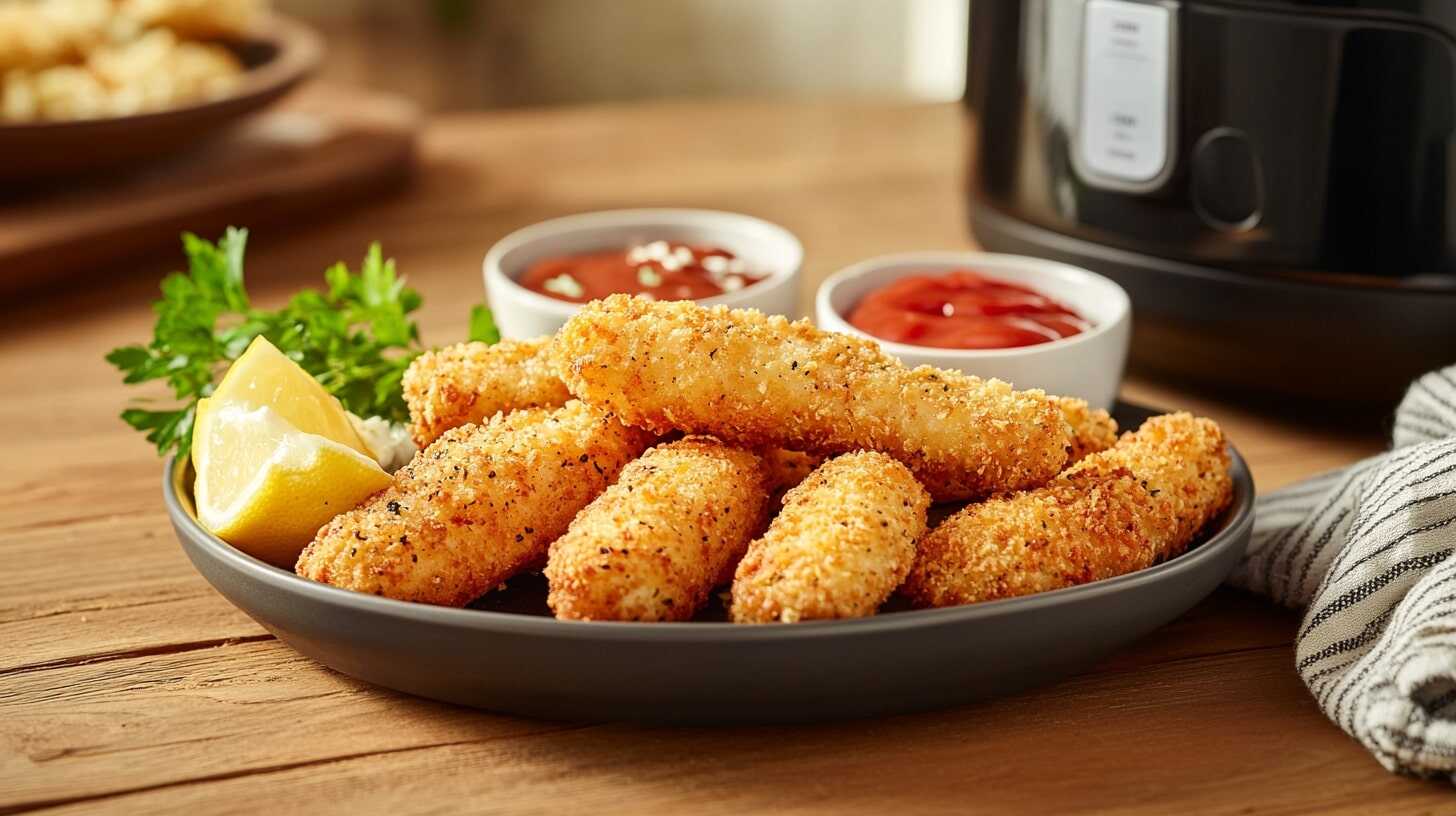 Plate of crispy, golden-brown fish sticks with dipping sauces and lemon wedge on a wooden table.