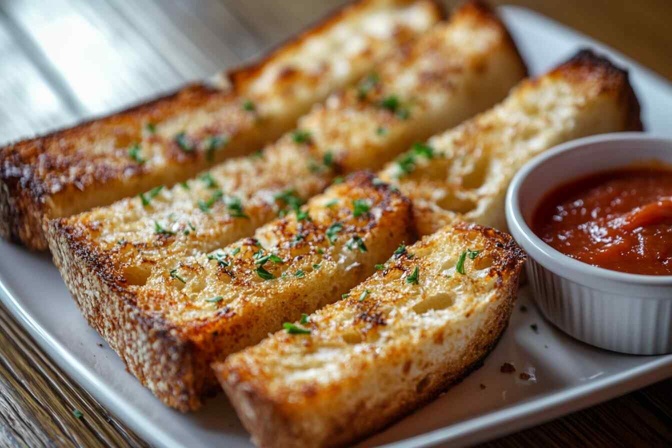 Crispy garlic bread slices garnished with parsley, served with marinara sauce on a white plate