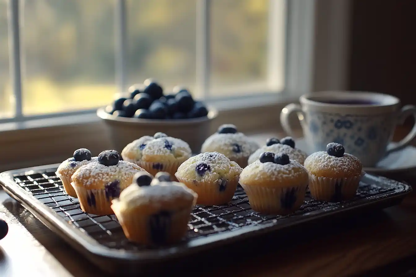 Freshly baked blueberry muffins with domed tops on a wire rack, with blueberries and coffee in the background