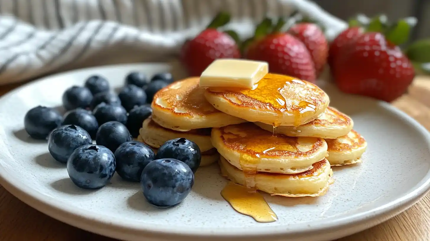 Mini pancakes with butter and syrup on a white plate, garnished with fresh blueberries and strawberries.