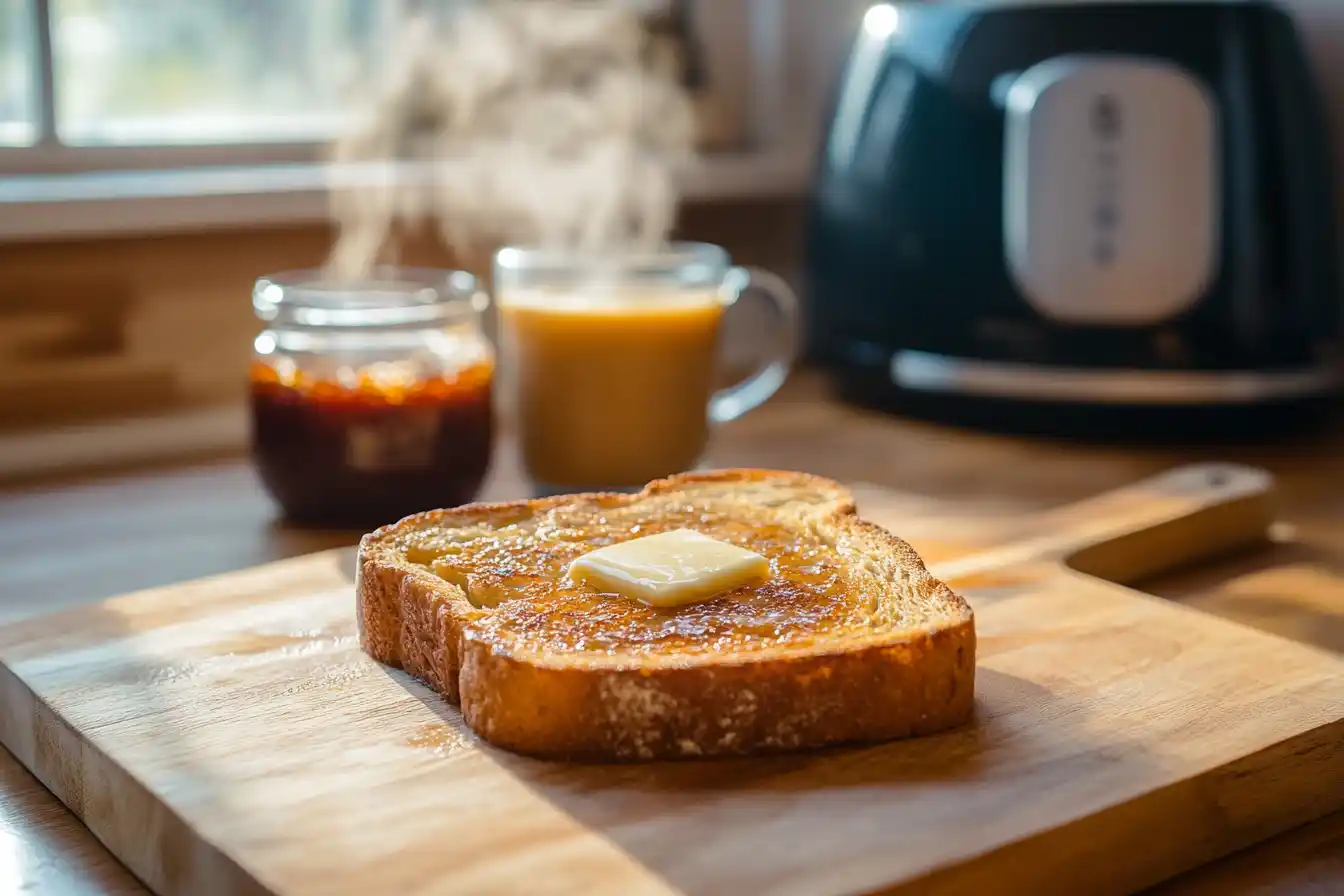 A close-up of golden-brown toast on a wooden cutting board, surrounded by breakfast elements like coffee and jam