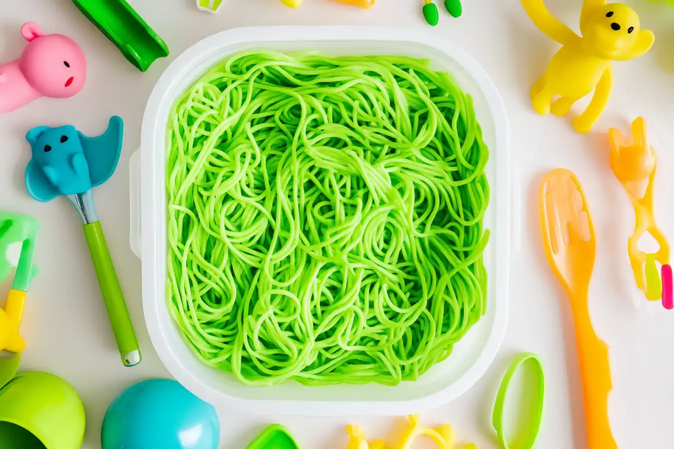 A bin of green spaghetti with small toy animals, scoops, and tongs on a wooden table