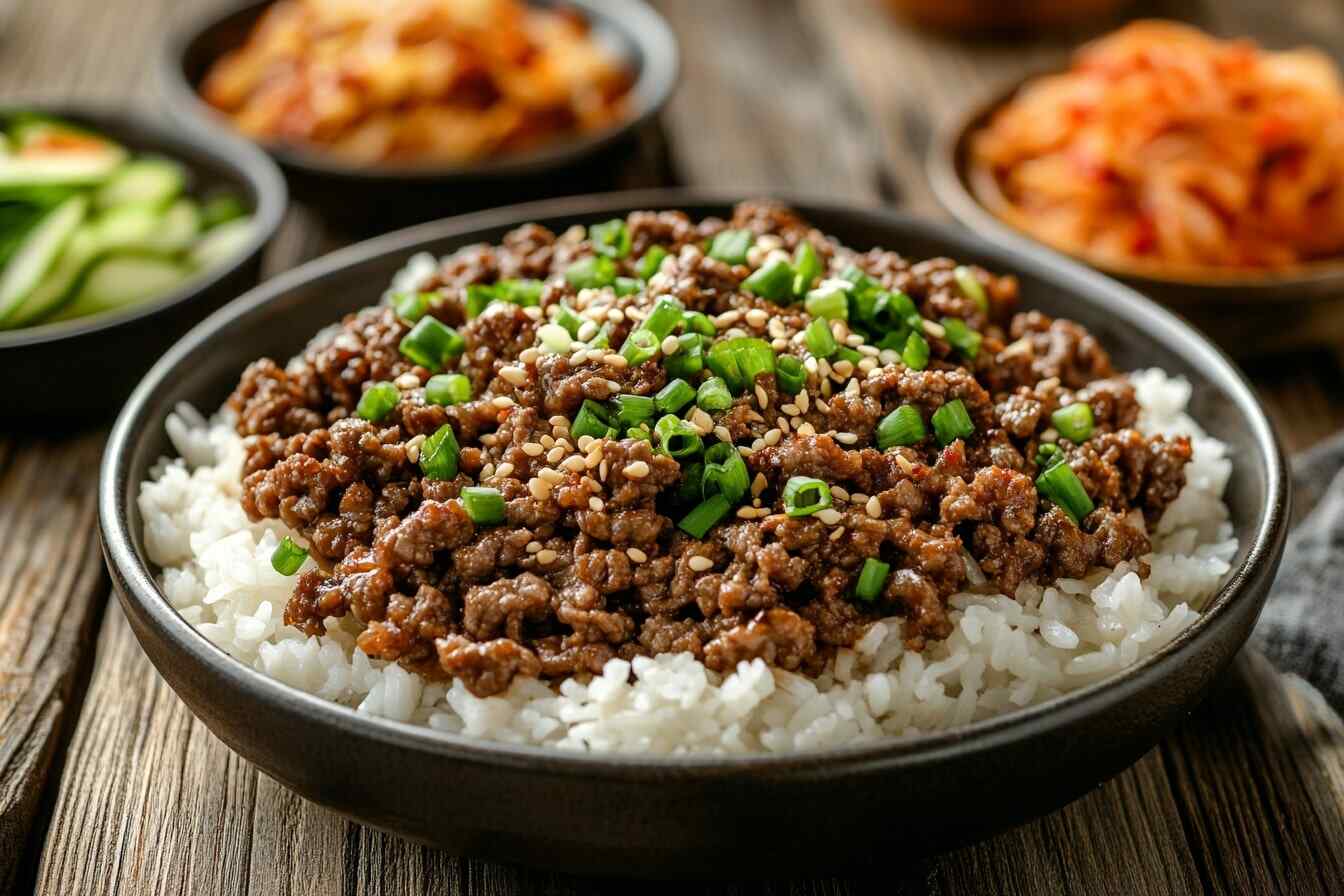 A bowl of ground beef bulgogi on rice, garnished with green onions and sesame seeds, surrounded by Korean side dishes