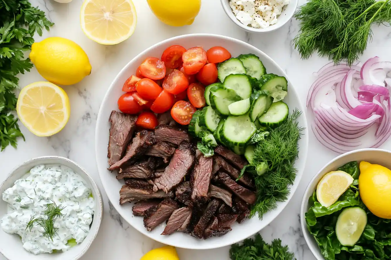 Ingredients for gyro salad, arranged with greens, lamb, feta, and tzatziki