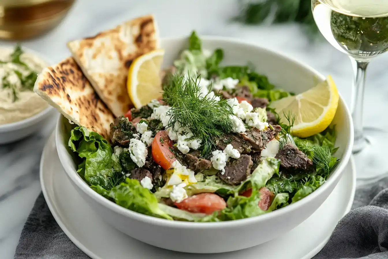 Gyro salad with pita, hummus, and white wine on a styled table