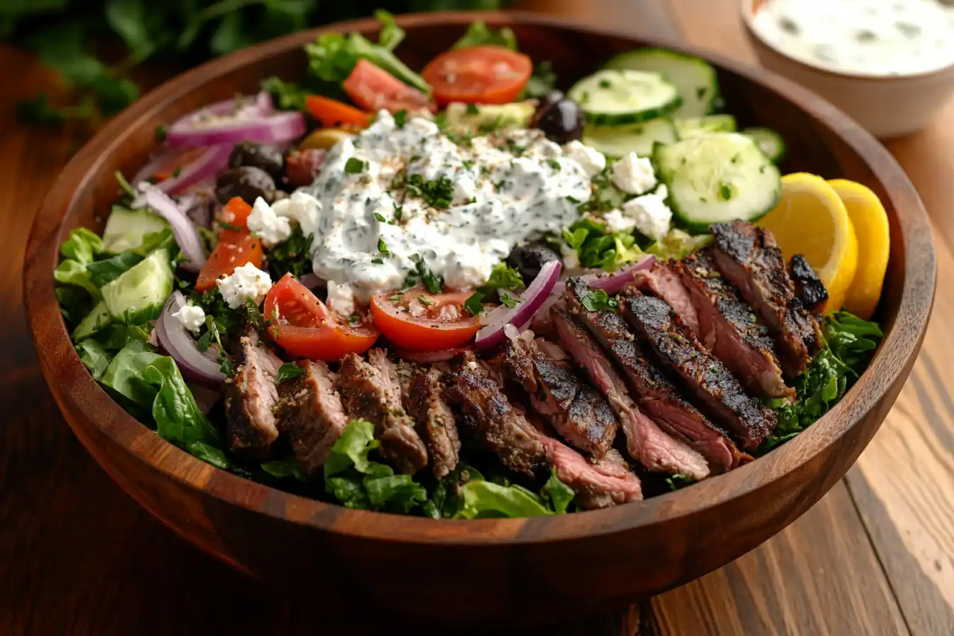 Gyro salad with lamb, vegetables, and feta cheese drizzled with tzatziki