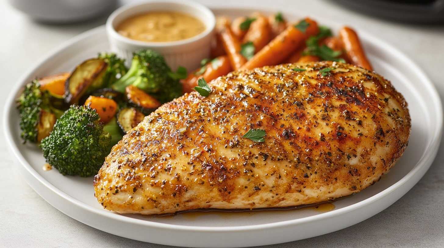 A golden-brown air-fried chicken breast on a white plate with roasted vegetables and dipping sauce.