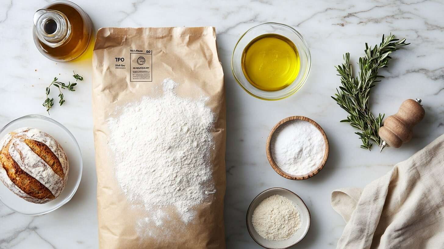 Ingredients for Italian bread, including flour, water, salt, yeast, and olive oil, on a marble countertop