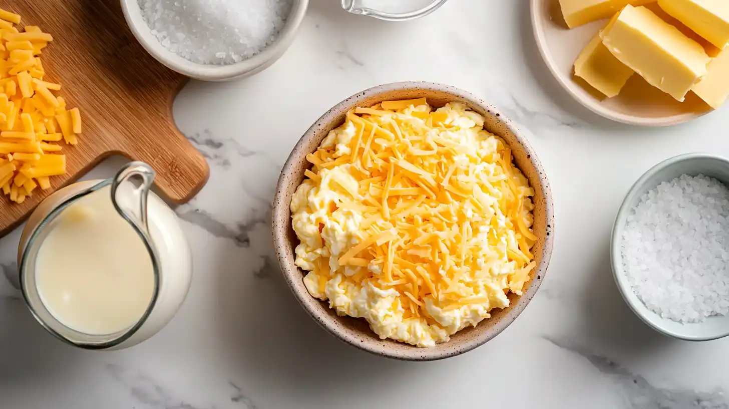 A top-down view of ingredients for cheesy scrambled eggs on a white marble surface, including eggs, shredded cheese, butter, cream, salt, and pepper.