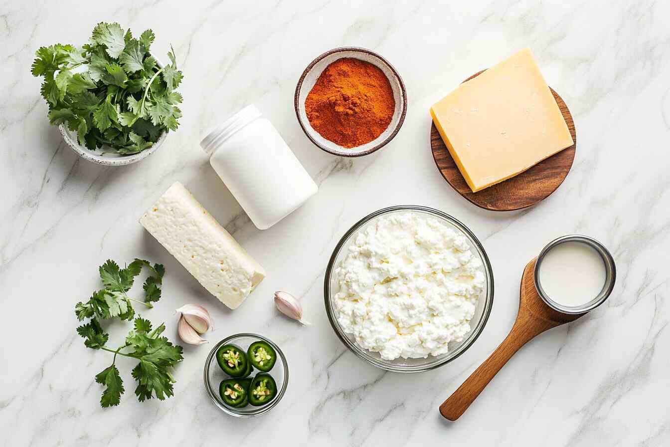 Ingredients for cottage cheese queso including cottage cheese, cheddar, spices, jalapeños, cilantro, and almond milk on a marble countertop