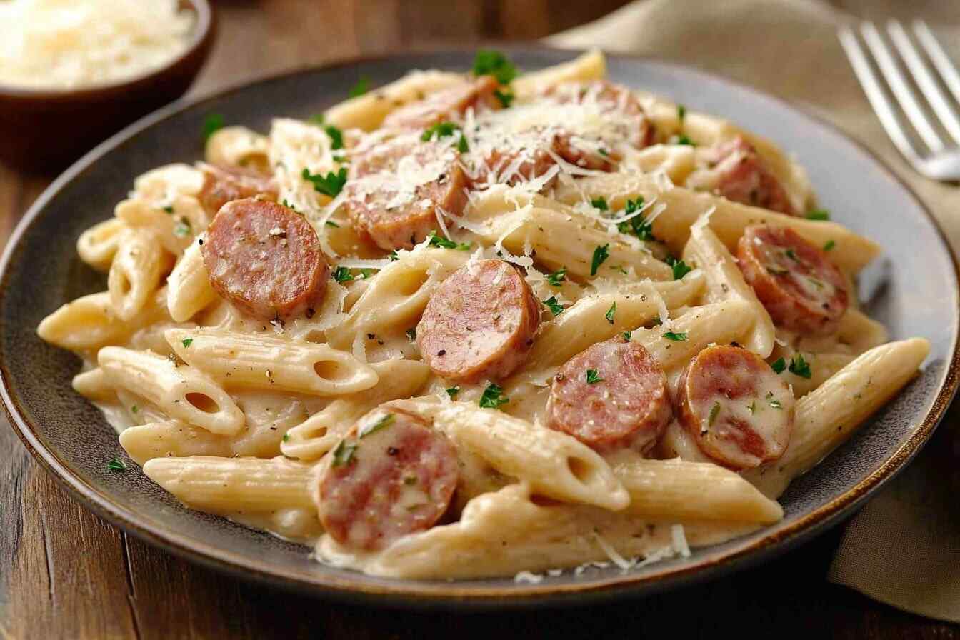 Creamy penne pasta with kielbasa slices, garnished with parsley and Parmesan, served on a wooden table