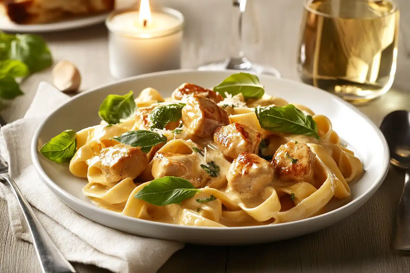 Marry Me Chicken Pasta served with fettuccine, creamy sauce, and basil on a white plate